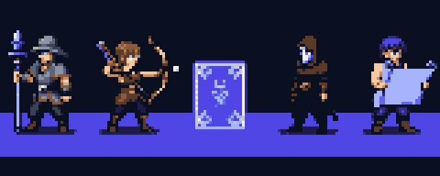 The Review Party: a warden, ranger, nightblade, and architect examining a glowing codex on a shared indigo stage
