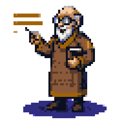 Prof, the mentor, in tweed gesturing with a pointer at a floating ochre diagram