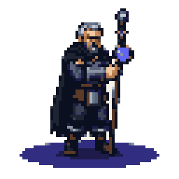Vik, the veteran reviewer, leaning on a tall sword-staff and holding up a loupe